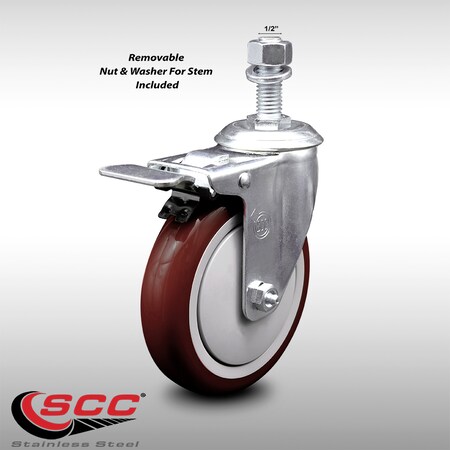 Service Caster 5 Inch SS Maroon Polyurethane 1/2 Inch Threaded Stem Caster with Total Lock Brake SCC-SSTSTTL20S514-PPUB-MRN-121315